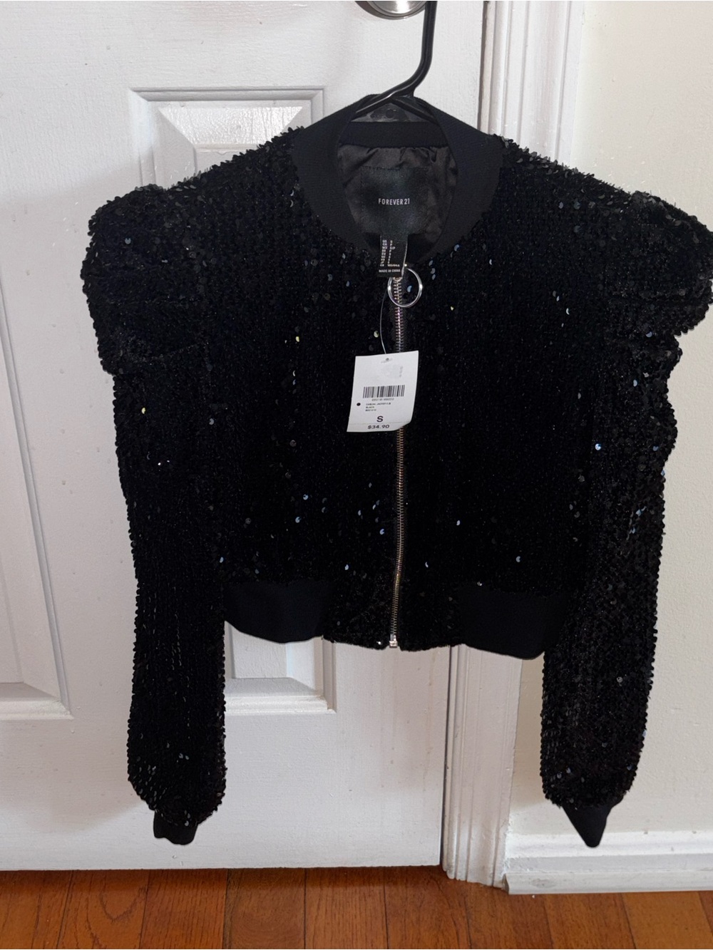 Forever 21 Black Sequin Bomber Jacket with Zip